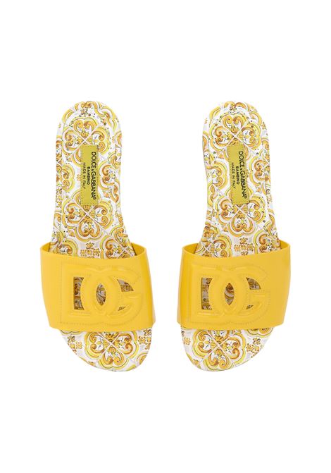 Yellow Leather Slide With DG Logo and Majolica Print DOLCE & GABBANA KIDS | D11247-A1067HG30B